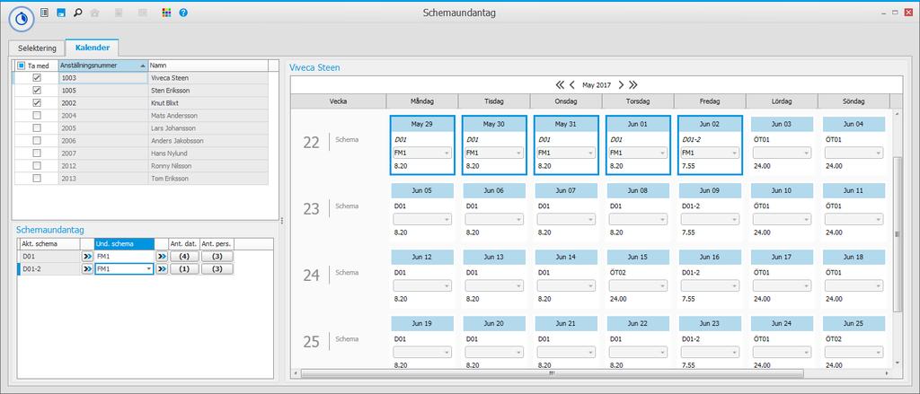Schemaundantag Denna rutin använder du för att lägga in en tillfällig arbetstid för en eller flera ur personalen, som ska gälla i stället för den schemacykel som annars styr vilken arbetstid som