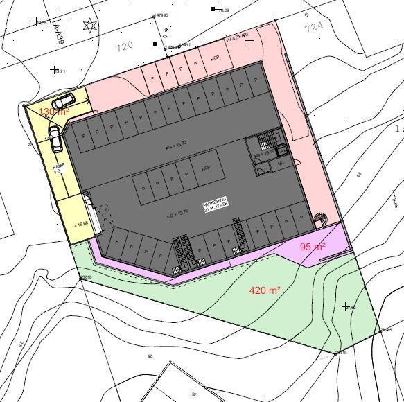 N Figur 2. Området efter exploatering (underbyggd del i mörk färg). Husliv mot Värmdövägen markerad med streckad vit linje.