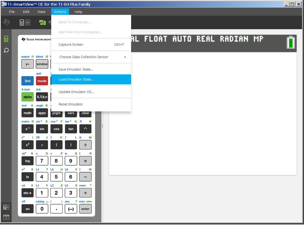 CE-emulatortillståndsfilen har ett förkonfigurerat filnamn TI84PCE Emulator State_ OS 5-3-0_date.s84 där filtillägget, *.