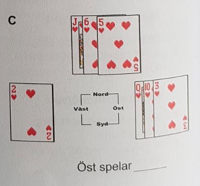 Ej onödigt högt! Titta alltid vad som ligger på bordet innan du väljer påspelet i 3:e hand! 1. Syd spelar 5 från bordet. 2. Vad spelar du som Öst?