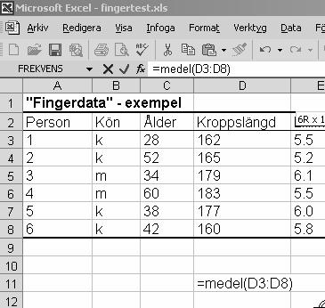 Beräkna relativa frekvenser (sid. 9-10) 5. Sortera data (sid. 10-11) För samtliga nedanstående exempel används följande "fingerdata" för sex personer.