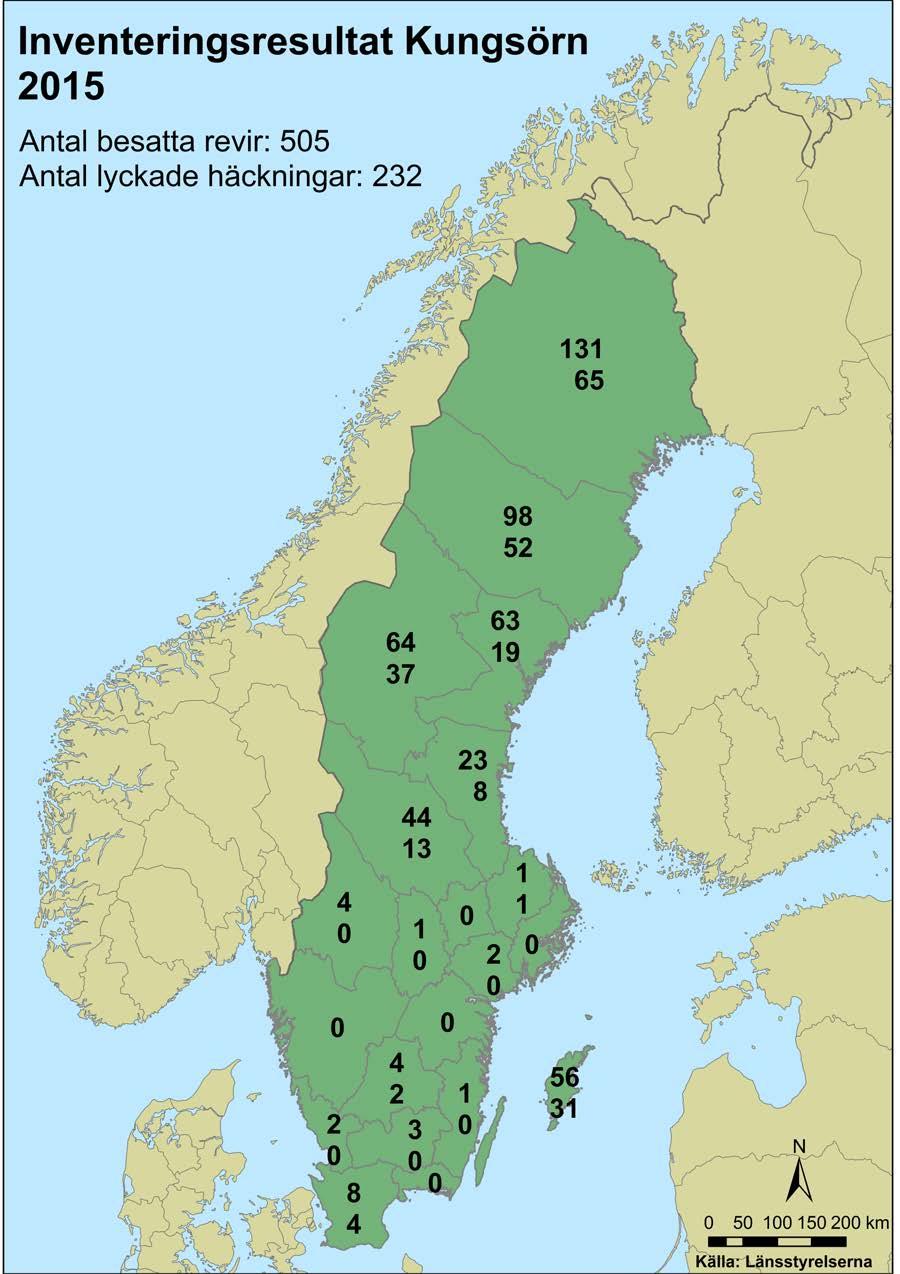 Karta Figur 1. Resultat från inventeringen av kungsörn 2015 enligt länsstyrelsernas sammanställning.