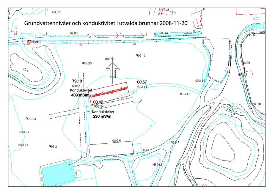 Figur 2.9: Grundvattennivåer i brunnar nära Hyllstofta undersökningsområde. Värden tagna före resistivitetsmätning. Figur 2.