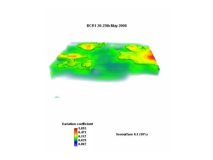 Figur 3.4: Variationskoefficienten för samtliga modellceller för resistivitetsmätningar på biocellreaktorn under perioden 20 till 25 maj, 2008.