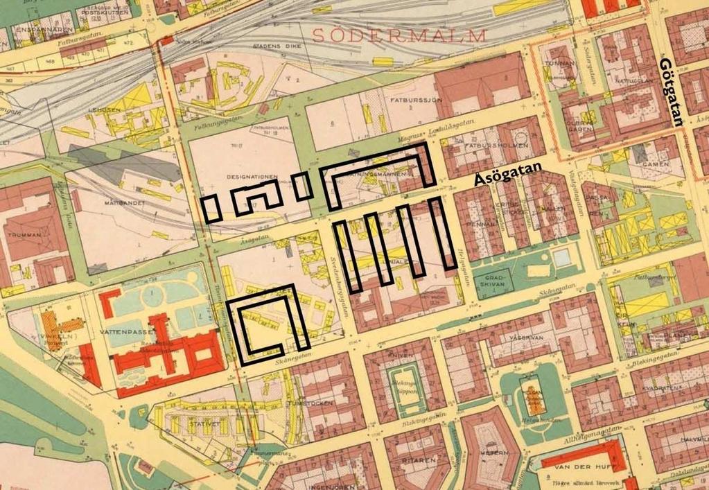 Åsögatan skulle enligt planen sträcka sig ändå till Ringvägen i öster, men hade endast genomförts fram till kv Linjalen, som genomkorsas av repslagarebanan, som legat på platsen sedan länge.