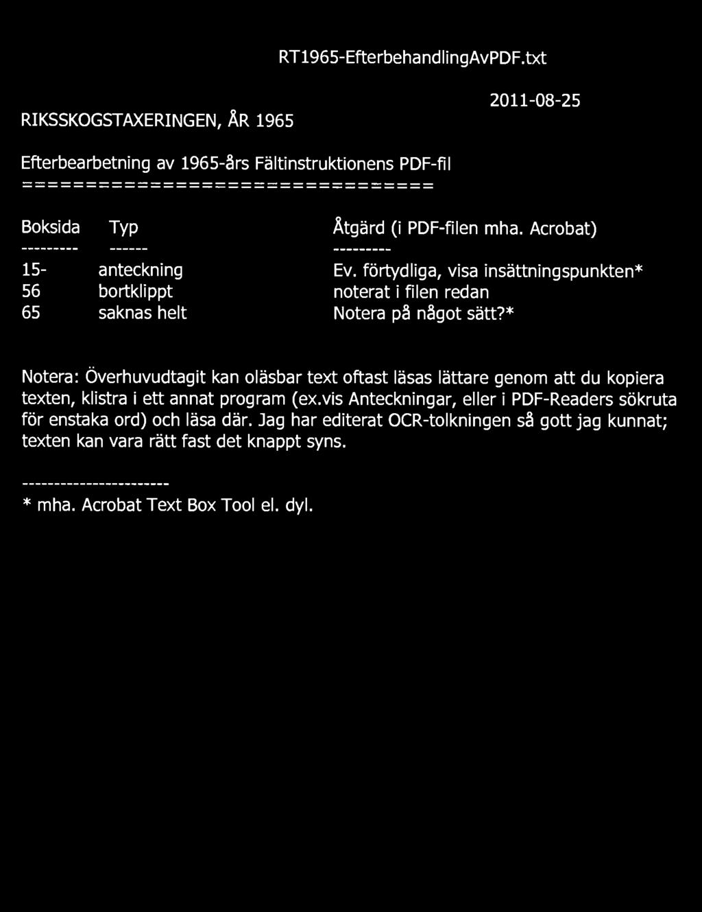 RT1965-EfterbehandlingAvPDF.txt RIKSSKOGSTAXERINGEN, ÅR 1965 2011-08-25 Efterbearbetning av 1965-års Fältinstruktionens PDF-fil Boksida Typ Åtgärd (i PDF-filen mha.