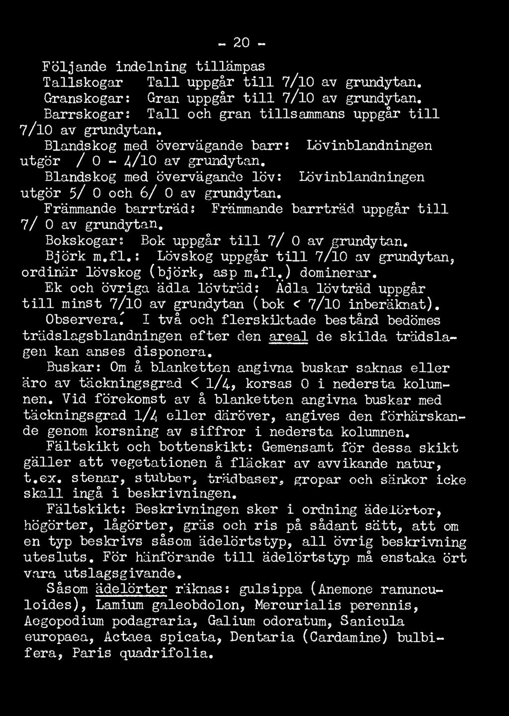 Blandskog med övervägande löv: Lövinblandningen utgör 5/10 och 6/10 av grundytan. Främmande barrträd: Främmande barrträd uppgår till 7/10 av grundytan. Bokskogar: Bok uppgår till 7/10 av grundytan.