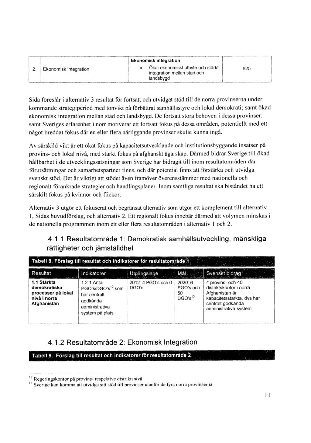 * 2. Ekonomiskintegration lekonomisk integration Ökat ekonomiskt utbyte och starkt 625 integration mellan stad och landsbygd l Sida föreslår i alternativ 3 resultat for fortsatt och utvidgat stöd