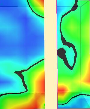området kring ventilationsöppning 1 för simulering 1 och simulering 2 som illustreras överst