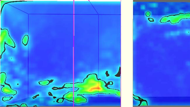 6 Visar kvantitativ färgskalning av MTR i området mitt genom och kring ventilationsöppning 1 för simulering 3 och simulering 4 av affärsloken med en gridstorlek
