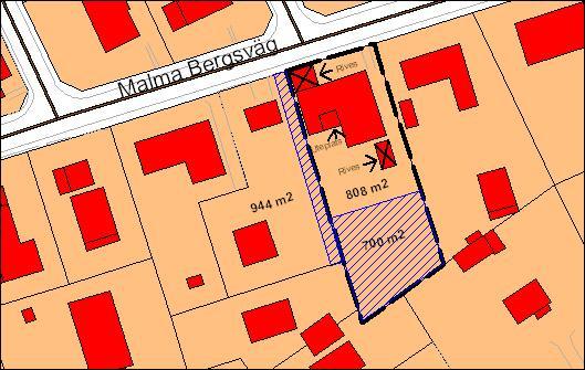 Kartbild som visar hur fastigheten kan styckas så att två nya fastigheter på minst 700 m 2 kan skapas. Den nya fastigheten är skrafferad.