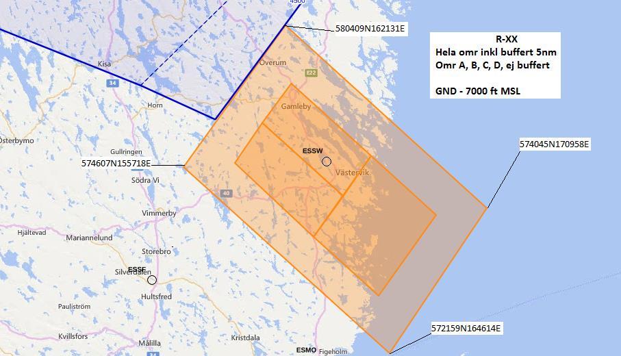 Restriktionsområde för luftfart (R-område) Område som inte får flygas in i utan särskilt tillstånd Testbäddens