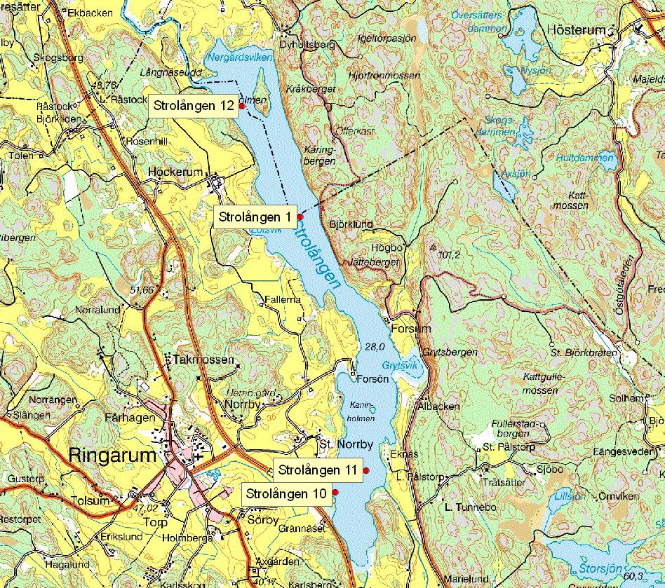 N Provpunkter /EP 0 1 000 2 000 3 000 4 000 m Figur 2. Karta som redovisar provpunkterna 10, 11 och 12 i Strolången samt den tidigare provpunkten Strolången 1 (Envipro Miljöteknik 2007).
