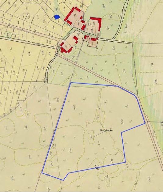 9 Kartan från storskiftet, daterad till år 1797, visar inte på några större skillnader mot situationen vid laga skiftet ca 100 år senare.