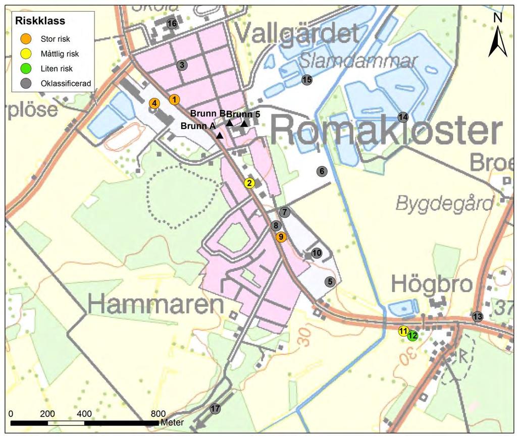 Figur 4. Potentiellt förorenade områden i området kring Roma vattentäkt. Lantmäteriverket. Ärende nr MS2011/02599.