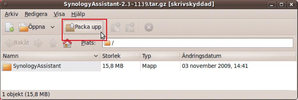 SynologyInstall på skrivbordet. 3 I filbläddrarfönstret som visas dubbelklickar du på mappen Linux och sedan på Synology Assistant-3.