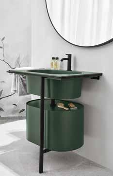 Foto Falper Ceramica Cielos unga, nätta handfatsmöbel Kyros är graciös och elegant med sin mattsvarta metallställning. Handfatets oval går igen i förvaringsboxen i lackat trä.