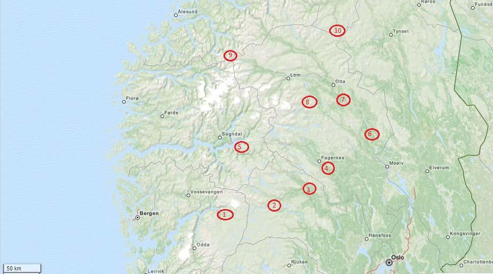 Figur 1: De markerade områdena på kartan visar de lokaler som observerats. Med hög och låg lokal inom samma markering.