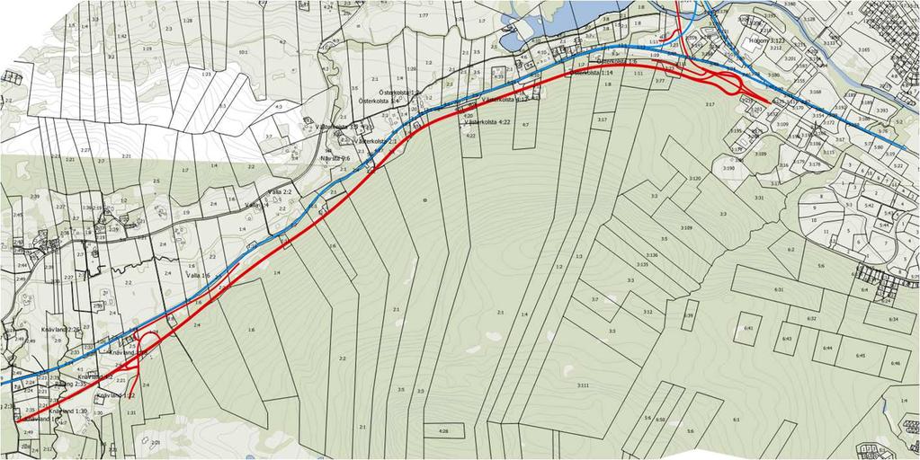 Kolsta Högom Valla Påläng, Knävland Figur 1. Områdesöversikt. Väg, E14 nytt läge (röd linje) Järnväg (Blå linje).