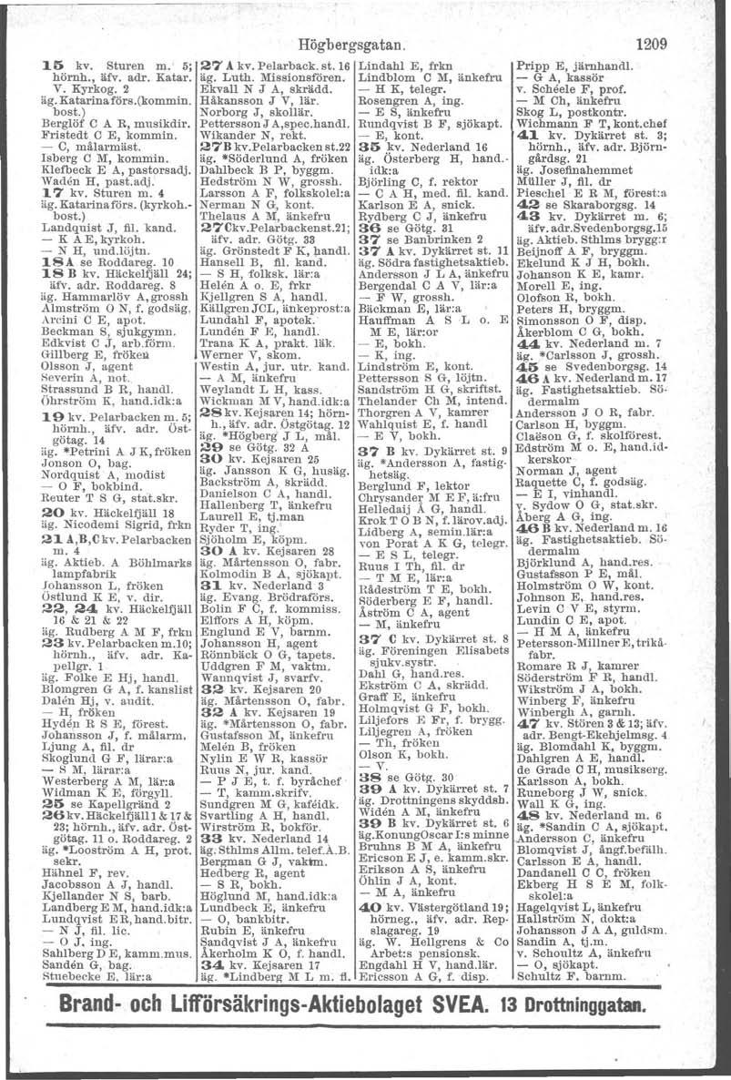 15 kv. Sturen m.' 5; 27 Akv. Pelarback. st. l6 Lindahl E, frkn härnh., äfv. adr. Katar. äg. Luth. Missionsfören. Lindblom G M, änkefru V. Kyrkog. 2 Ekval! N J A, skrädd. - H K, telegr. äg. Katarinaförs.