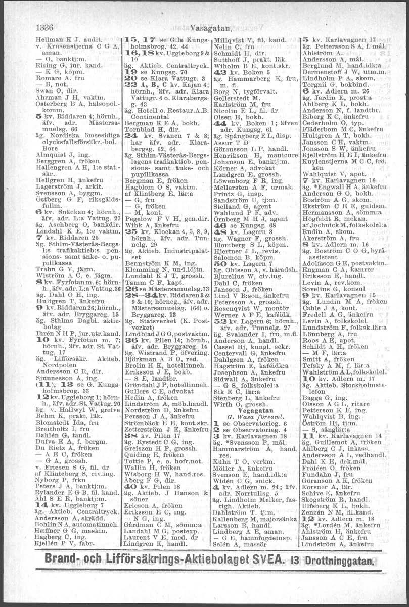 1336 HeUman K J. all dit. Y. Kruseustjerna C G A, aman. - O, banktj.m, Rising G, jur. kand. - K G, köpm. Romare A. fru - B, not. Swan 0, dir..vnrman J H, vaktni. Österberg B A, bälaopol.. komm.