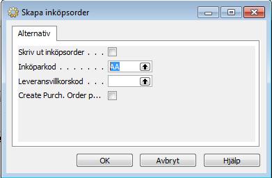 Markera fältet Skriv ut order för att skriva ut den/de skapade order/na Du kan också knappa in Inköparkod och Leveranskod
