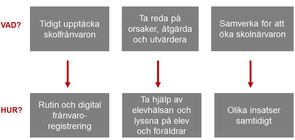 Syfte och mål med projektet Syfte Syftet med projektet var att pröva om tidiga insatser, i såväl ålder som process, kan medföra ökad skolnärvaro hos elever i årskurs 1-3.