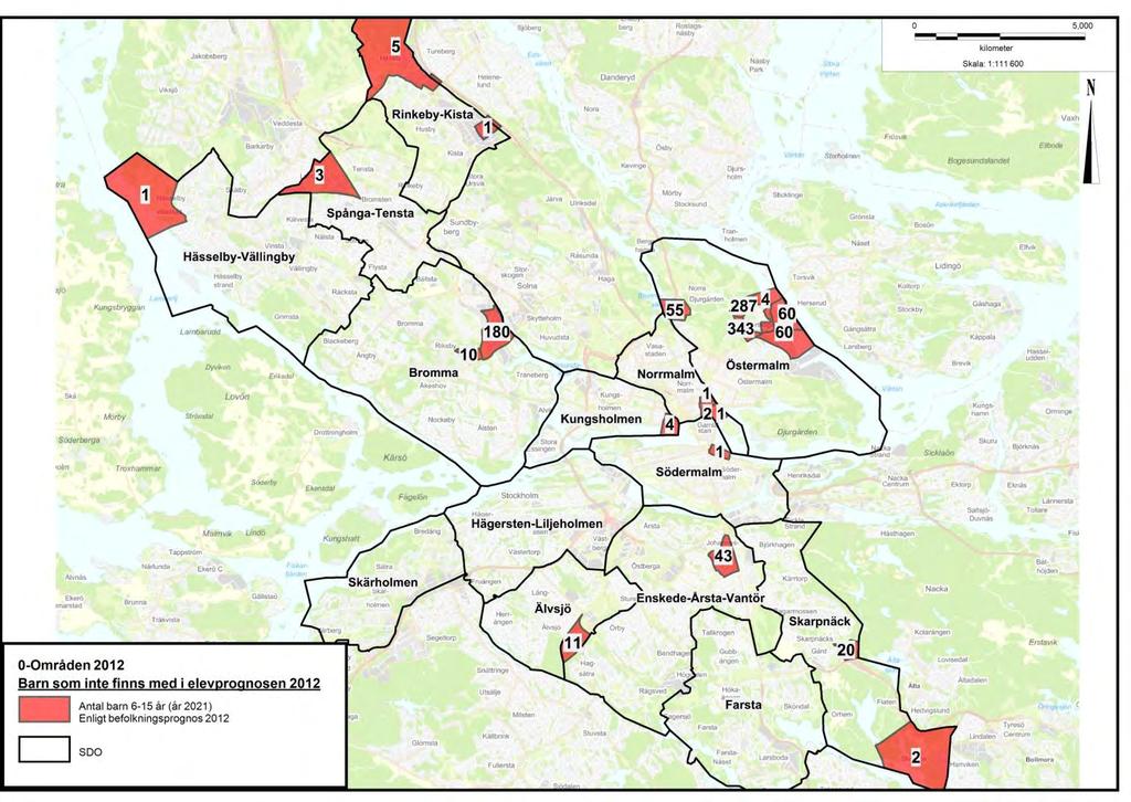 SID 12 (104) Nollområden I nedanstående karta redovisas nollområden som inte finns med i elevantalsprognosen 2012. Här bedöms ett visst antal barn i åldrarna 6-15 år tillkomma fram till år 2021.