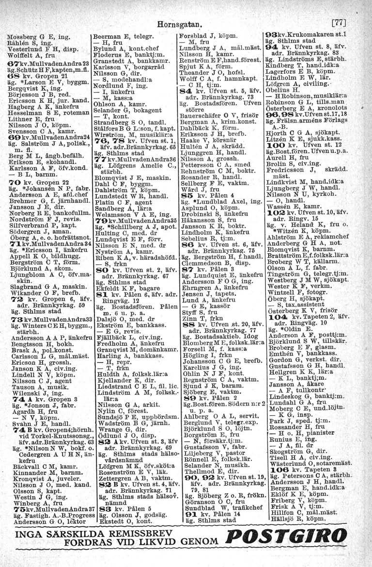 Mo'asberg G E, ing. Beerman E, telegr. Forsblad J, köpm. 93kv.Krukomakaren st.1 Råhlen S, ing. - H, fru _ M, fru Vesterlund F H, disp. Bylund A, kont. chef Lundberg J A, mål.mäst. 94 kv. Ufven st.