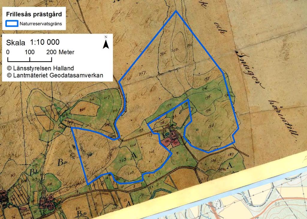 BILAGA 1 5 (16) 2017-05-30 Dnr 511-2308-17 Karta över bland annat Frillesås prästgård upprättad vid laga skifte 1831-32. 2.3 Naturförhållanden Frillesås prästgård ligger i hjärtat av Löftadalen på Löftaåns norra sida.