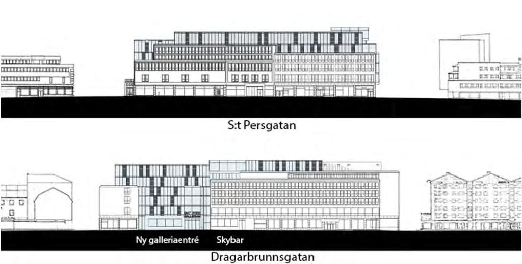 Kvarteret med föreslagen påbyggnad längs Klostergatan, Svartbäcksgatan, S:t Persgatan och Dragarbrunnsgatan.