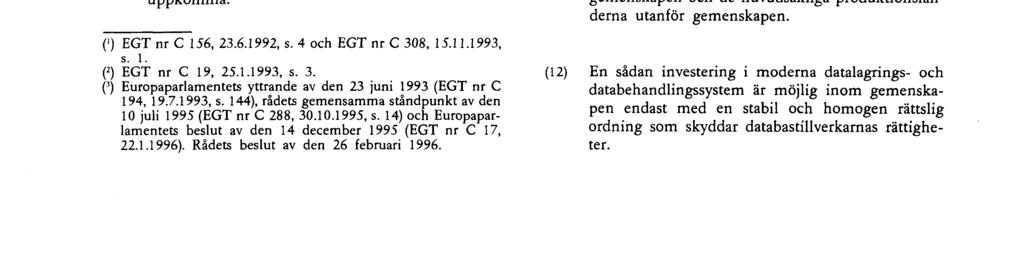 Nr L 77/20 rsvl Europeiska gemenskapernas officiella tidning 27 3 96 EUROPAPARLAMENTETS OCH RÅDETS DIREKTIV 96/9/EG av den 11 mars 1996 om rättsligt skydd för databaser EUROPAPARLAMENTET OCH