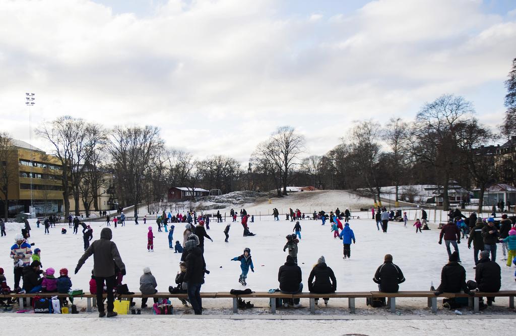 En för många populär och folkkär vinteraktivitet är spontan skridskoåkning, här i Vasaparken, Stockholm.