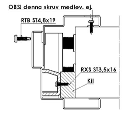 06-0-4 fig 8. Montera den lösa foderdelen om sådan förekommer. Skjut in den tätt mot väggen och dra åt med självborrande skruv nr RTB T5 ST4,8x9 (se fig. 8). Kontrollera så att karmen inte ändras.