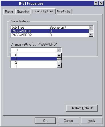 PostScript-emulering 1. I drivrutinsfönstret går du till fliken Device Options (Enhetsalternativ) och markerar Stor to HDD (Lagdra på hårddisken) (1). 1 1 2 2.