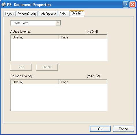 6. På fliken Overlay (Formulärmall), väljer du Create Form (Skapa formulär) i nedrullningslistan (4). 4 7. Klicka på OK för att stänga fönstret Document Properties (Dokumentegenskaper). 8.