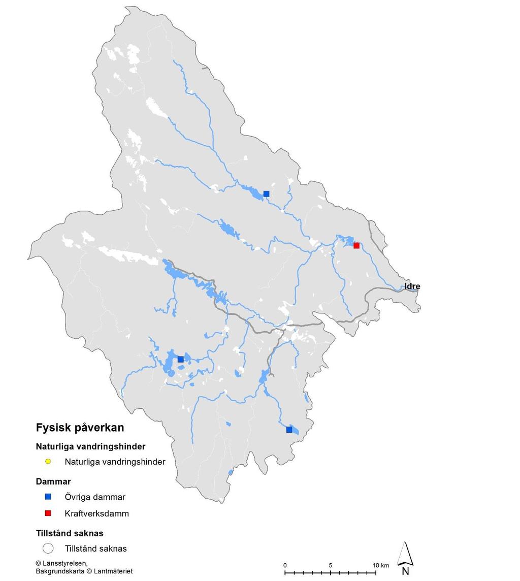 Figur 4. Dammar inom Sörälvens vattensystem som orsakar regleringspåverkan och som även i de flesta fall utgör vandringshinder mot förflyttning upp- och nedströms för vattenlevande djur.