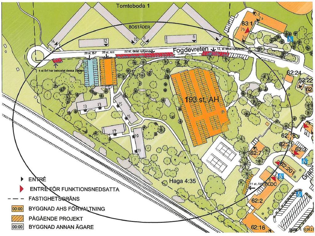 I direktanslutning till Fogdevreten finns ett antal p-platser som Akademiska Hus tillfogar över. Dessa nås via Granits väg. Illustration 1.