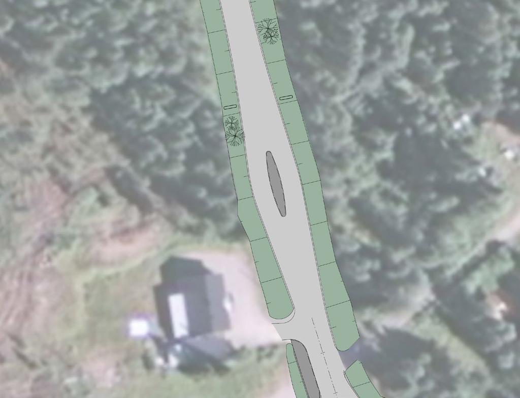 Ortskyltar placeras norr om entréporten. Mindre trädgrupper med gran planteras på respektive vägsida för att förtydliga entrén till orten. Befintlig utfart minskas.