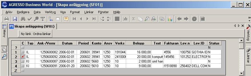 Transaktionerna från EFH och omföringsrutinen kommer till Skapa anläggning (AGRESSO Ekonom i-> Anläggningsredovisning -> Skapa anläggning (SF01)) när något av kontona 10001 Anläggning utan
