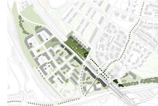 Denna yta delas i tre rum, en stationspark och två torg, som hålls samman av ett golv som sträcker sig genom hela rummet men avtar stegvis i parken.