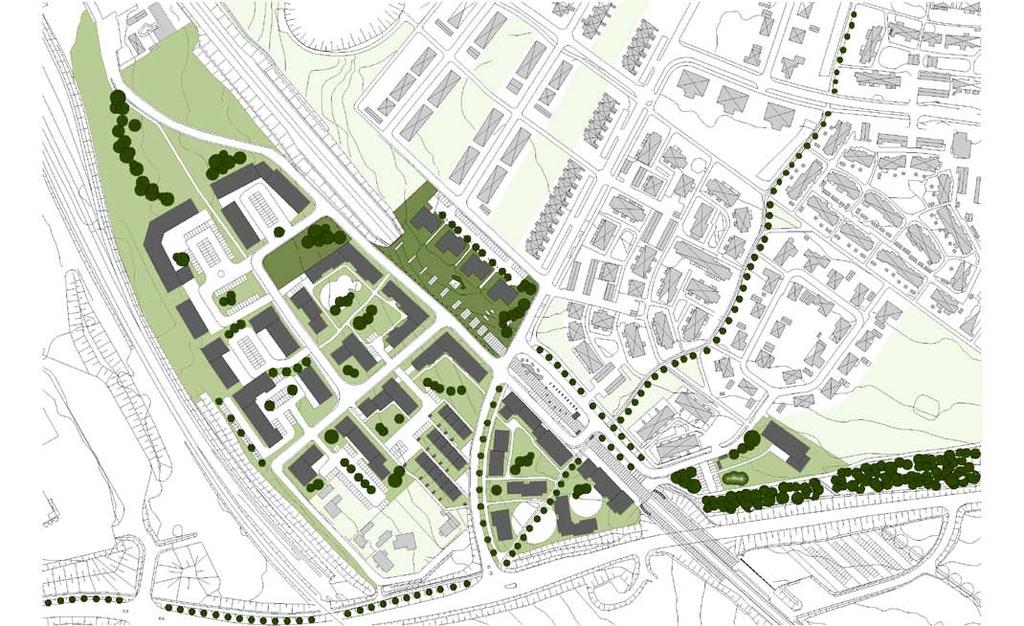 Planförslaget innebär en hög exploatering av Stationsområdet med flerbostadshus runt gårdar, hus i park och enstaka