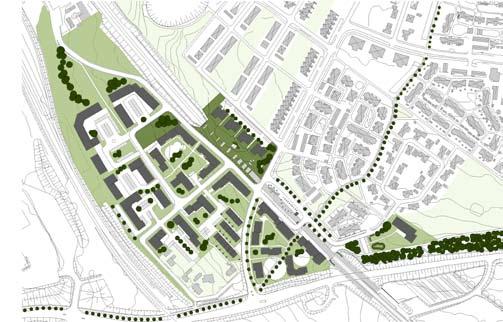 SEKTION RADHUS A- A 1:1000 87 Område mellan Västkustbanan och Råådalsbanan: Tre radhuslängor som omgärdas av flerbostadshus i fyra