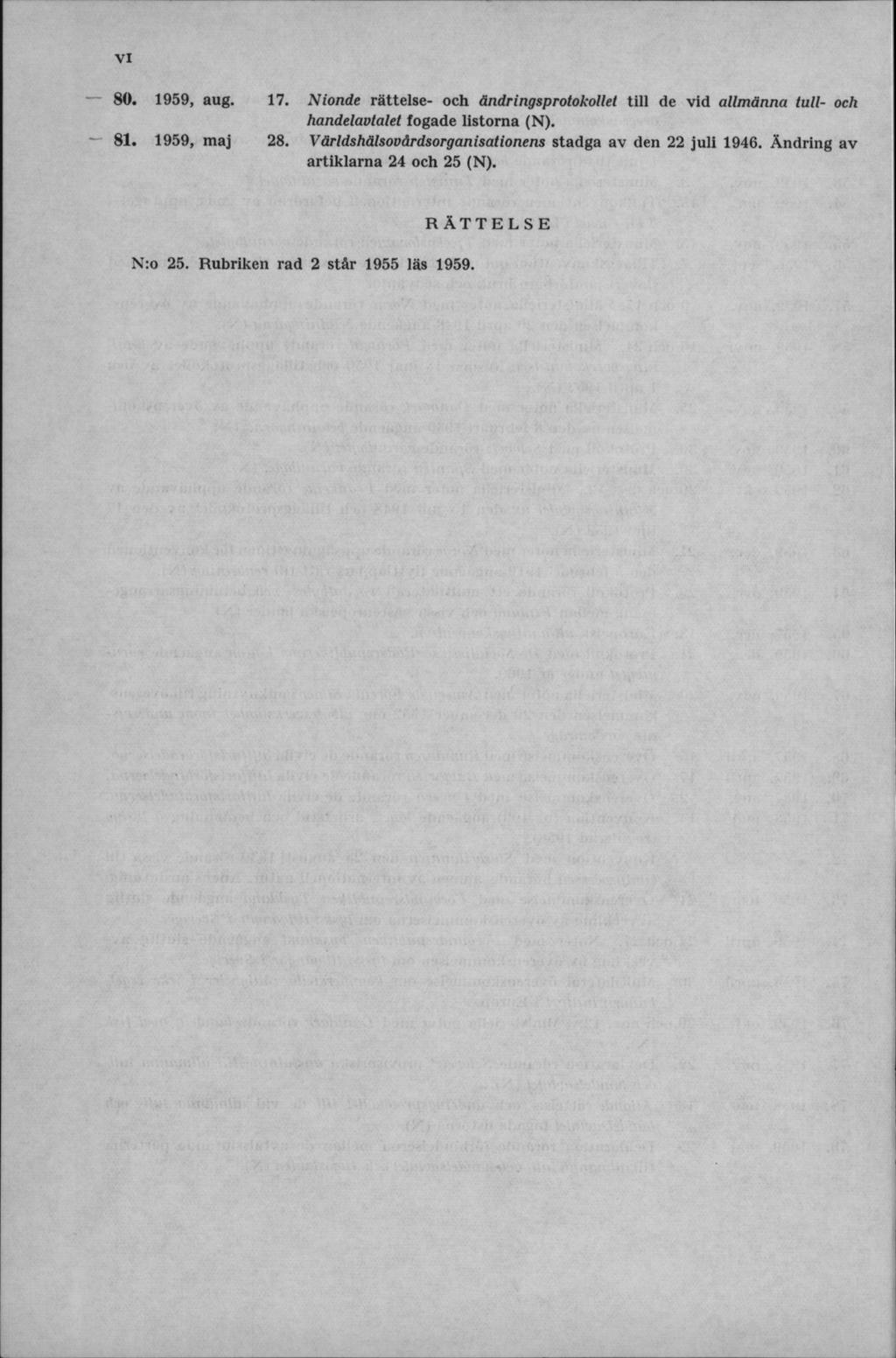 80. 1959, aug. 17. Nionde rättelse- och ändringsprotokollet till de vid allmänna tull- och handelavtalet fogade listorna 81. 1959, maj 28.