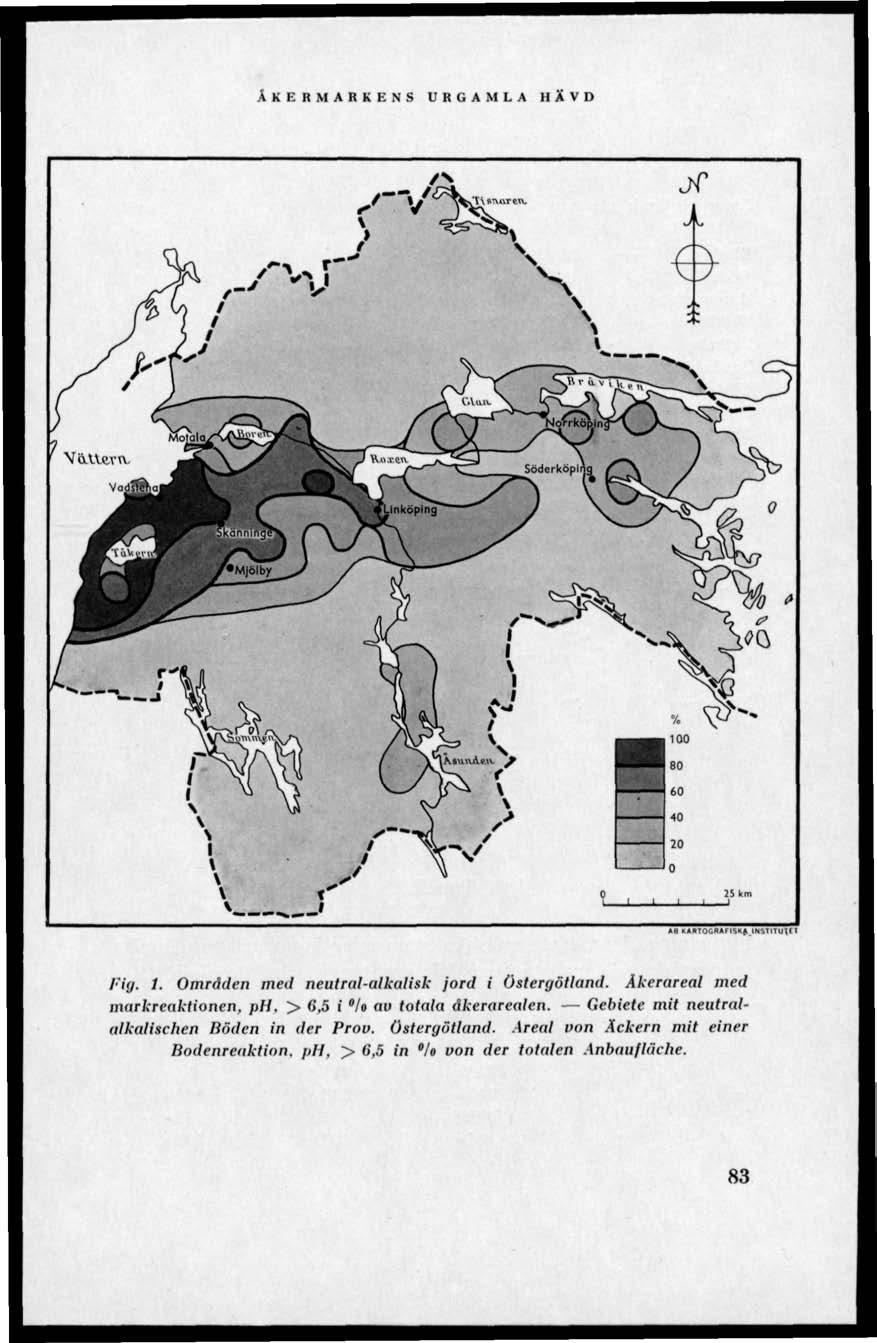 ÅKERMARKENS URGAMLA HÄVD AB KARTOGRAHSKA INSTiruTM Fig,. Områden med neutral-alkalisk jord i Östergötland. Åkerareal med markreaktionen, ph.