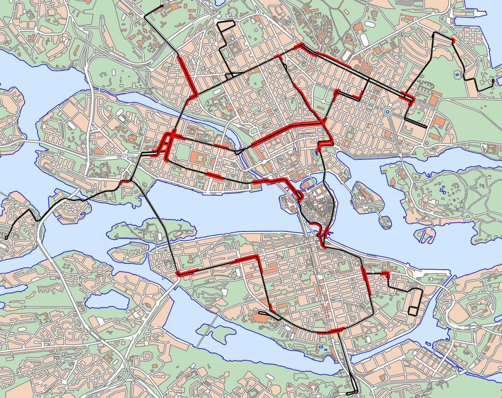 kantsten, blått=bussgata Trots de åtgärder som vidtagits, har busstrafiken svårt att ta sig fram på många gator i innerstaden.