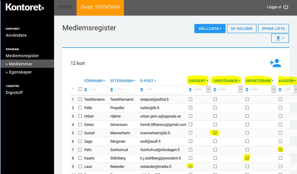 Finlands Svenska sida: 4 List-sidan Funktionärer: Kryssen i funktionärslistan kan ändras direkt i listan (ingen Spara-knapp). Om man vill visa sina egna unika funktionärer (t.ex.