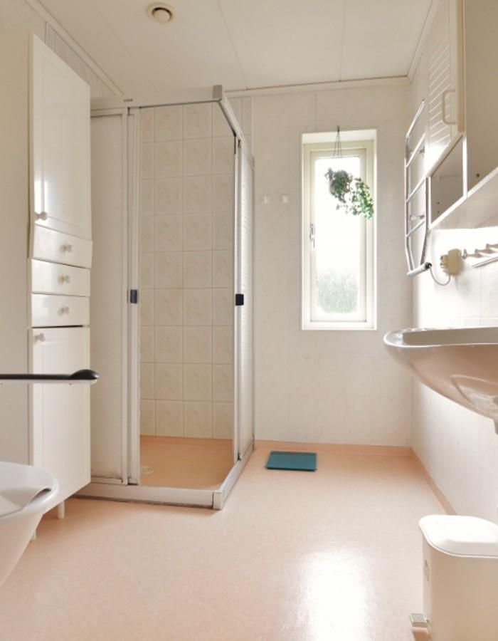 Badrum Badrum i originalutförande med wc, tvättställ, spegelskåp och dusch.