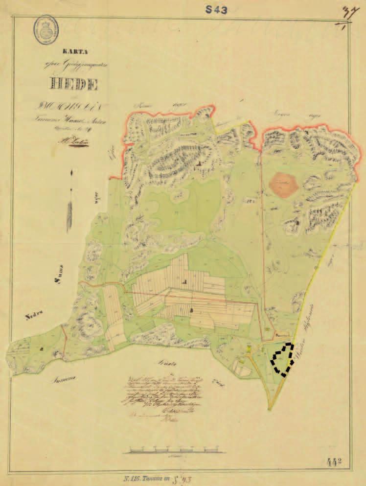 Illustration 3. Karta från Laga skifte över Hede, med utredningsområdet inlagt.