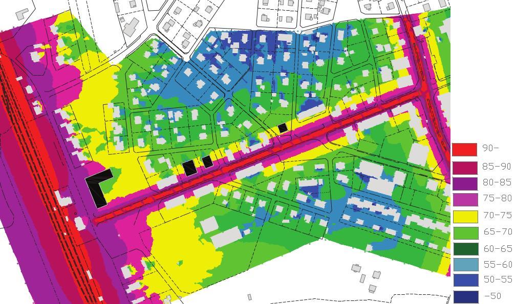 byggnad. Kartan visar dygnsmaximal ljudnivå.
